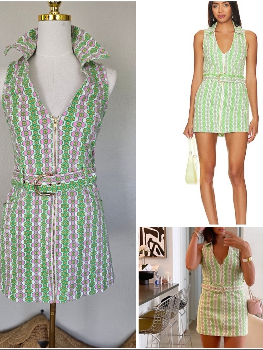 Show Me Your MuMu Green and Pink Sleeveless Mini Dress with Belt